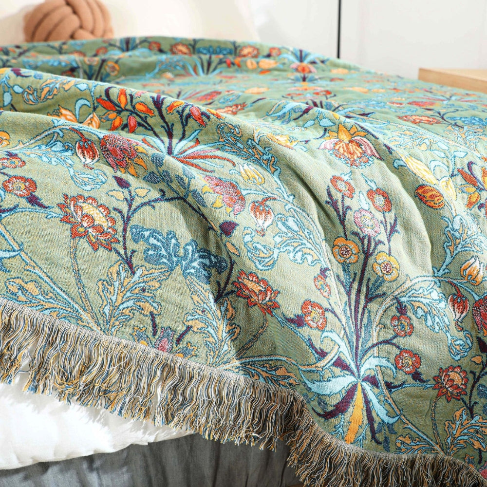 Boho Floral Cotton Throw Blanket Reversible