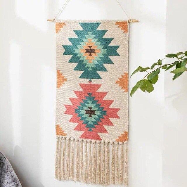 Boho Geometric Wall Tapestry with Tassels