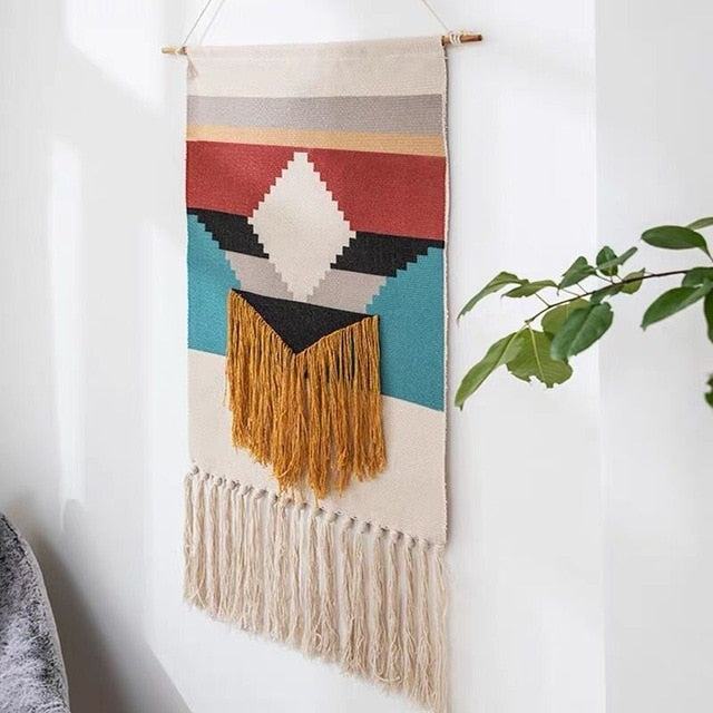 Boho Geometric Wall Tapestry with Tassels