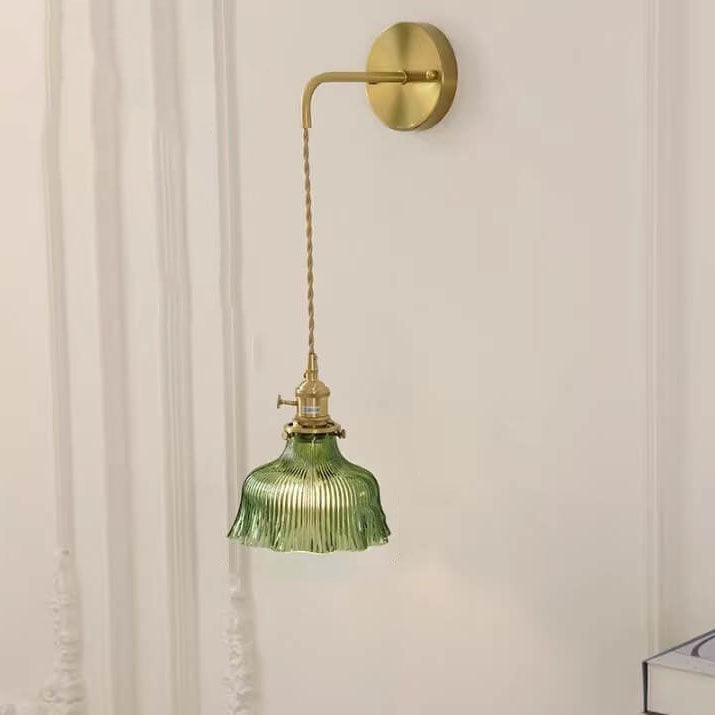 Brass Glass Flower Wall Light with Arm Mount