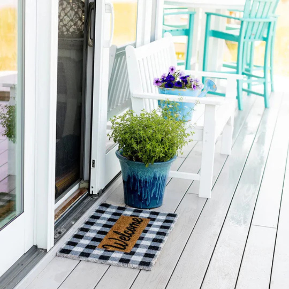 Buffalo Plaid Doormat with Welcome Print