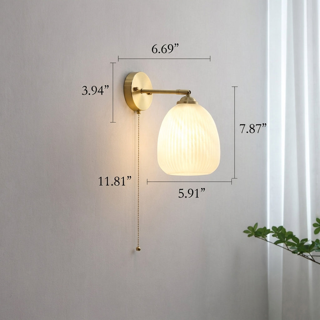 Copper Ribbed Glass Wall Sconce with Chain Pull
