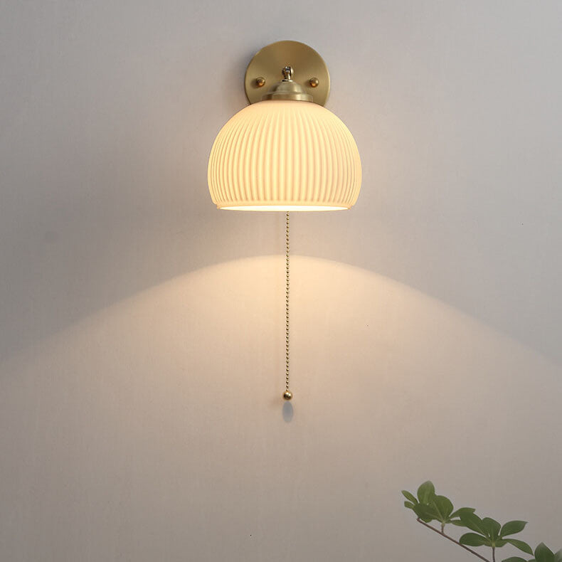 Copper Ribbed Glass Wall Sconce with Chain Pull