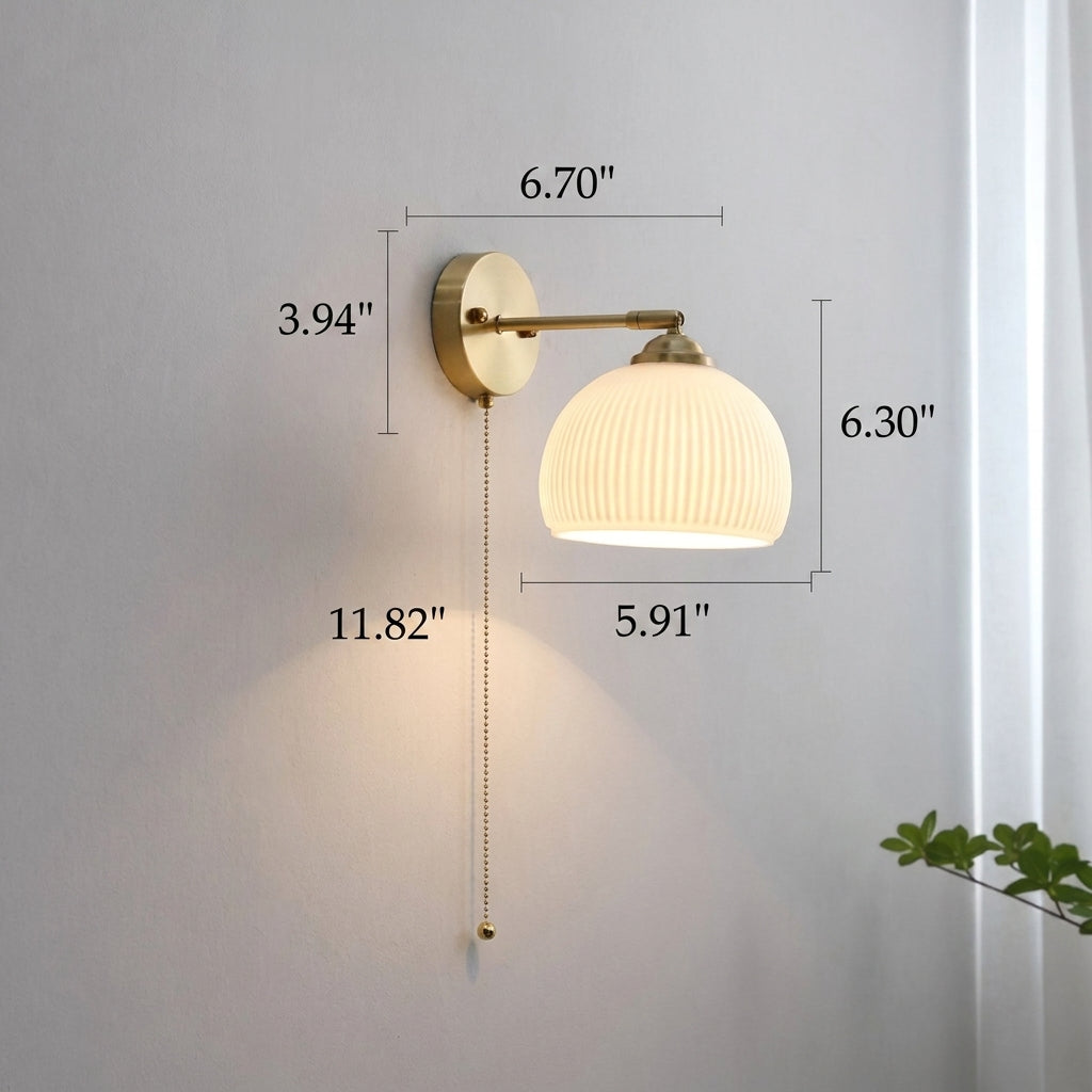 Copper Ribbed Glass Wall Sconce with Chain Pull