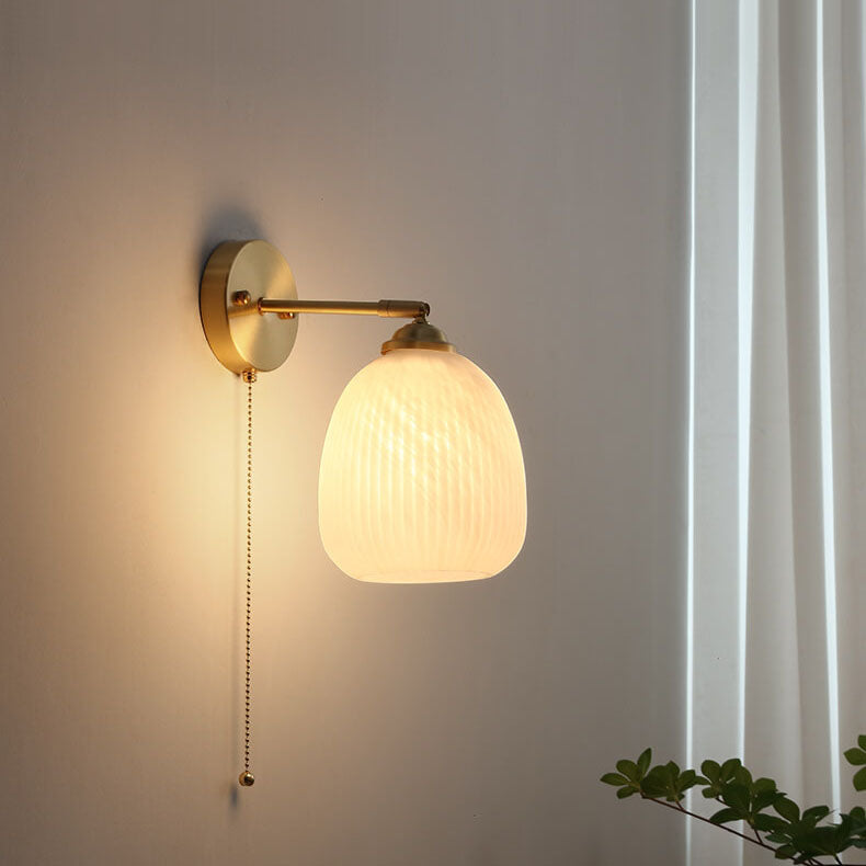 Copper Ribbed Glass Wall Sconce with Chain Pull