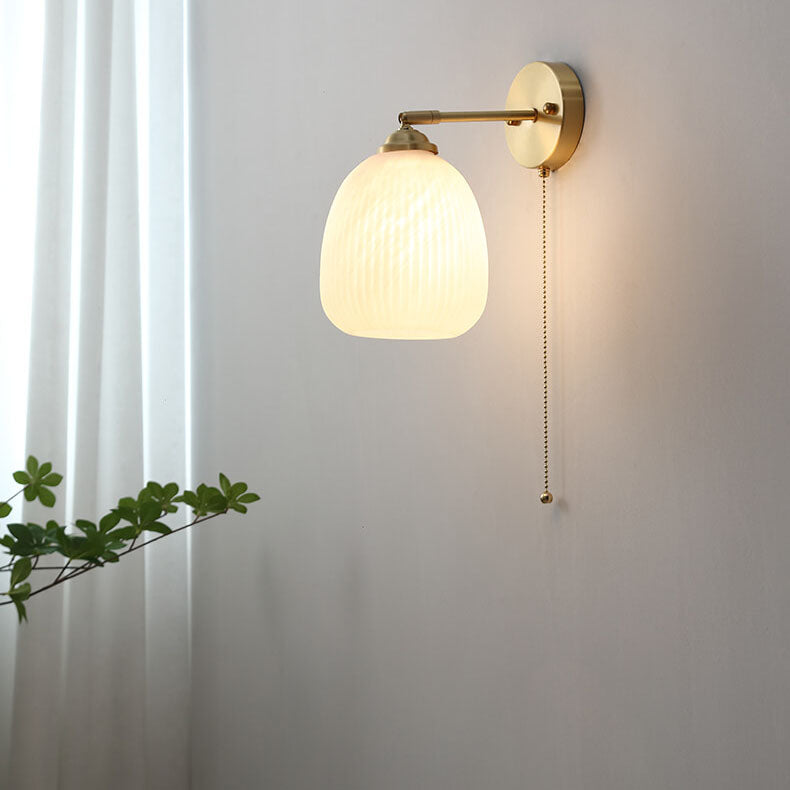 Copper Ribbed Glass Wall Sconce with Chain Pull