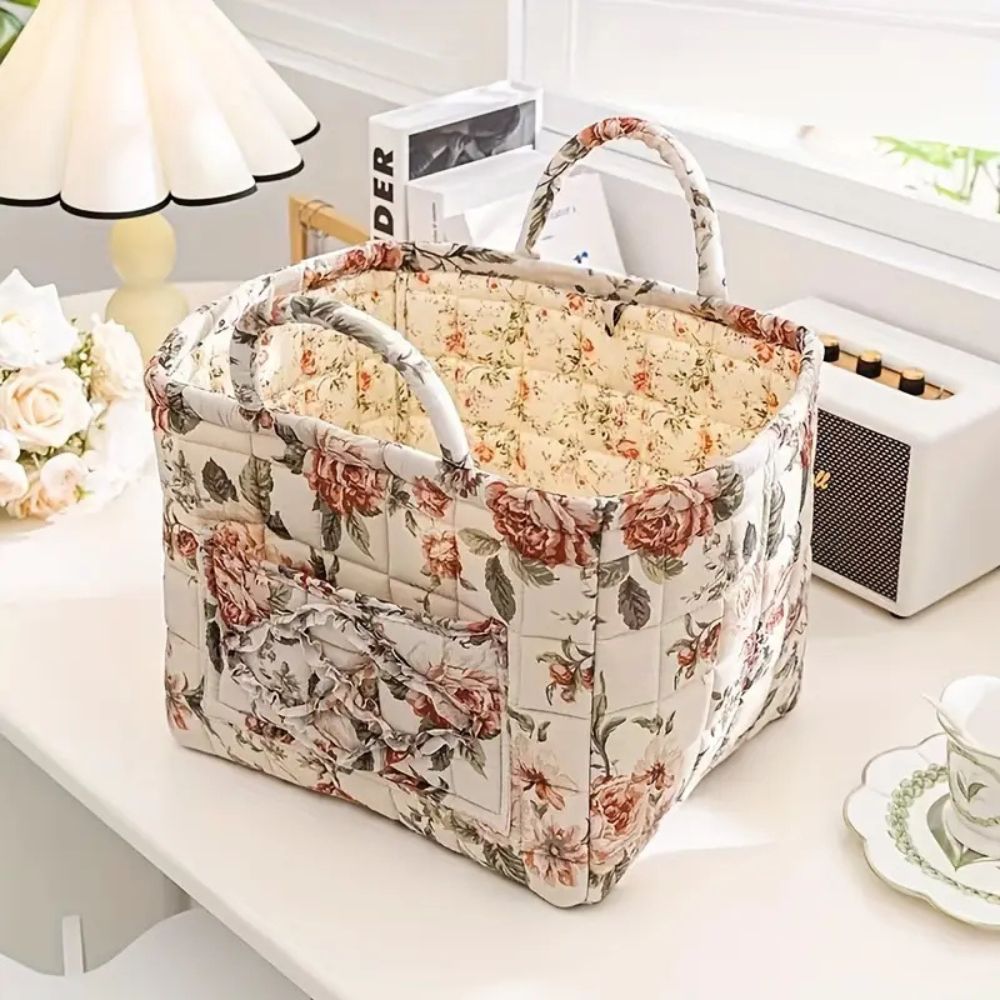 Floral Canvas Storage Basket with Handles