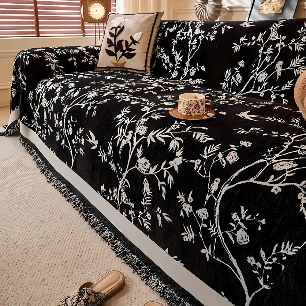 Floral Chenille Sofa Cover with Tassel Edge
