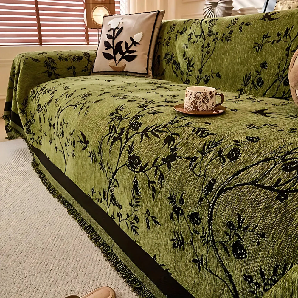 Floral Chenille Sofa Cover with Tassel Edge