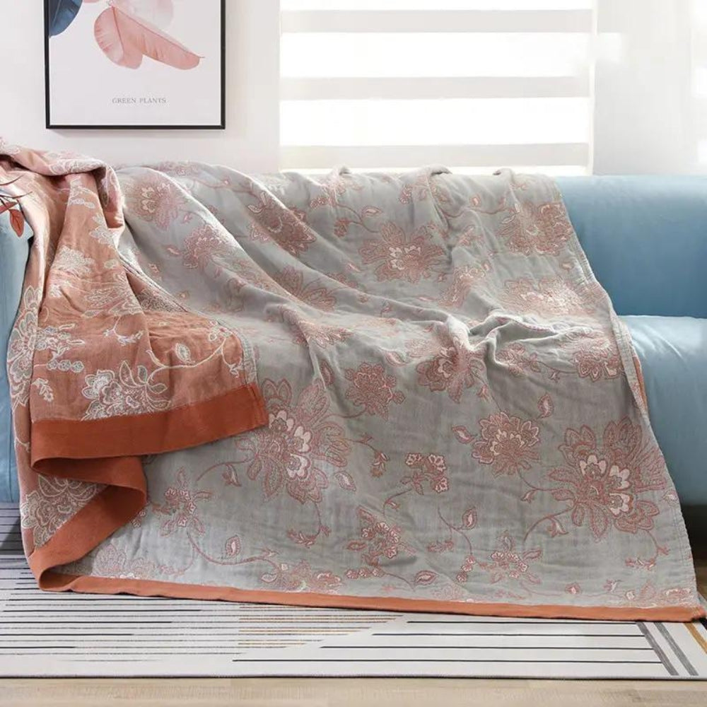 Floral Cotton Throw Blanket Reversible