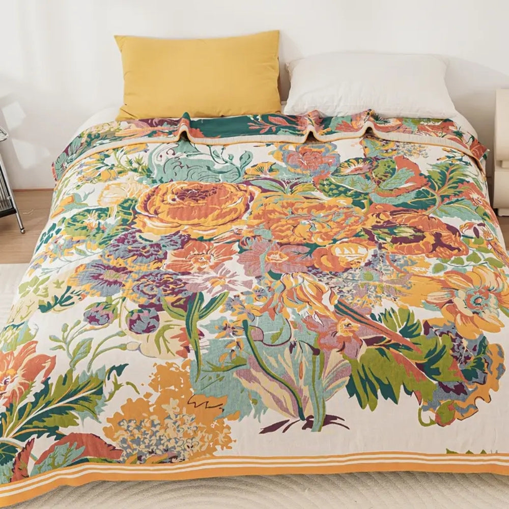 Floral Cotton Throw Blanket Reversible