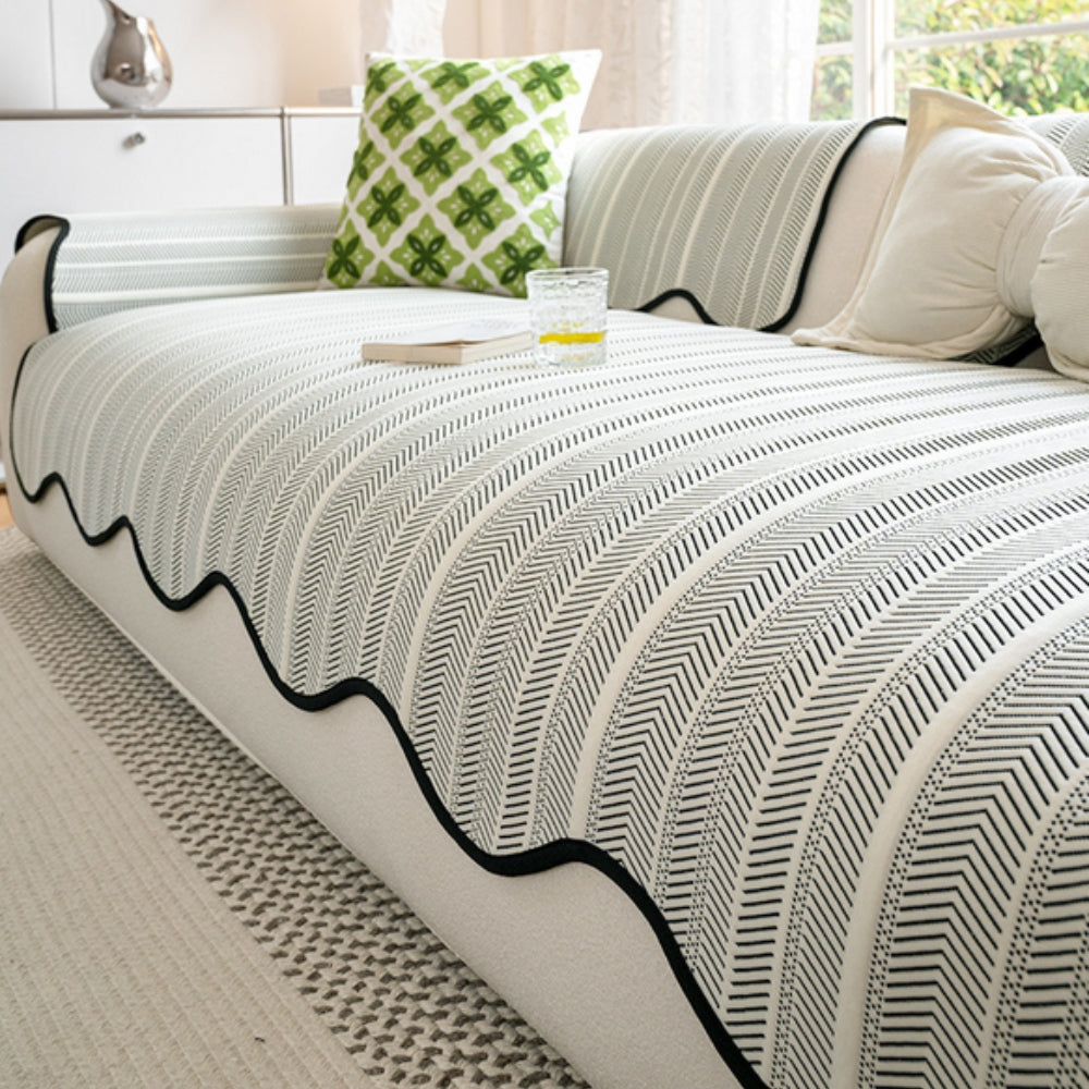 Herringbone Sofa Cover with Scalloped Edge