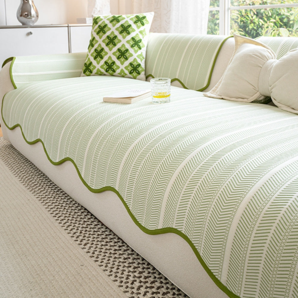 Herringbone Sofa Cover with Scalloped Edge
