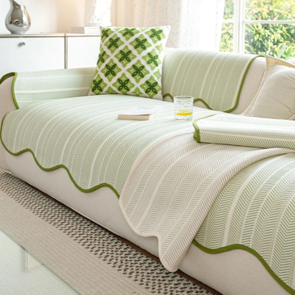 Herringbone Sofa Cover with Scalloped Edge