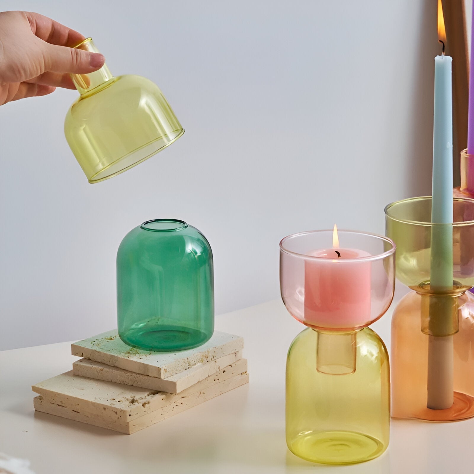 Modern Glass Candle Holder with Color Accent