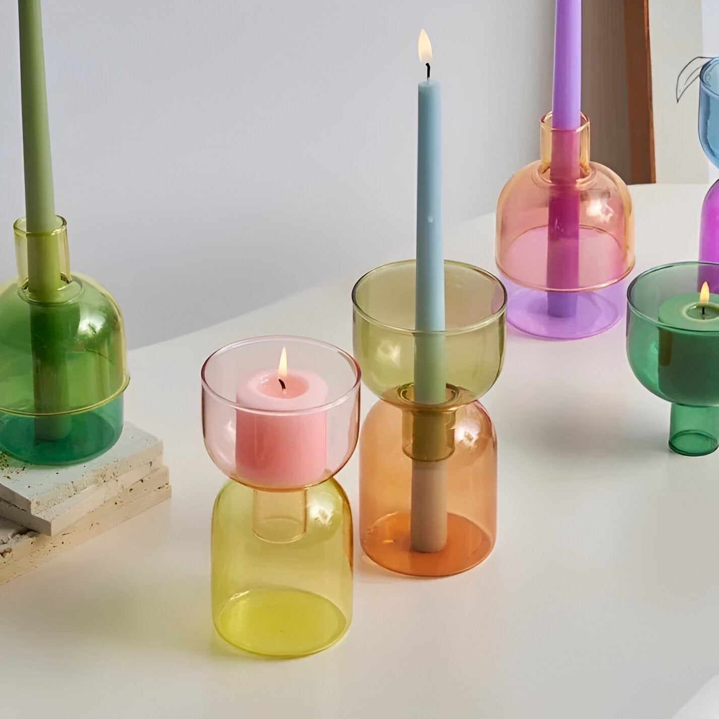 Modern Glass Candle Holder with Color Accent