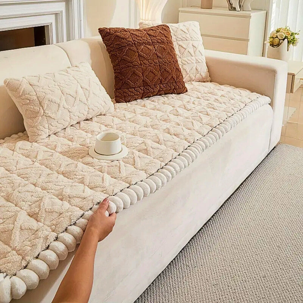 Plush Quilted Sofa Cover with Sherpa Trim