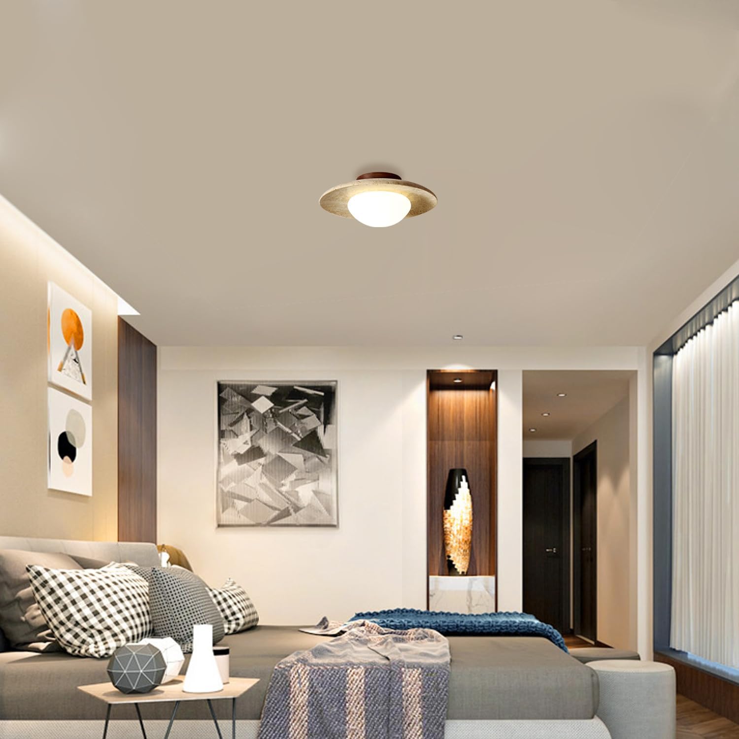 Travertine Ceiling Light with Round LED Shade