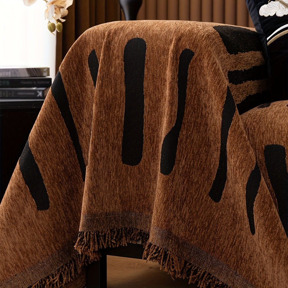 Tribal Chenille Sofa Cover with Fringe Edge