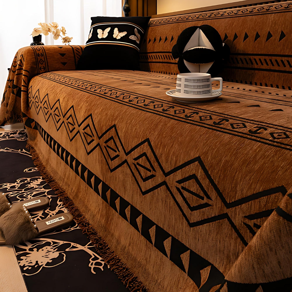 Tribal Chenille Sofa Cover with Fringe Edge