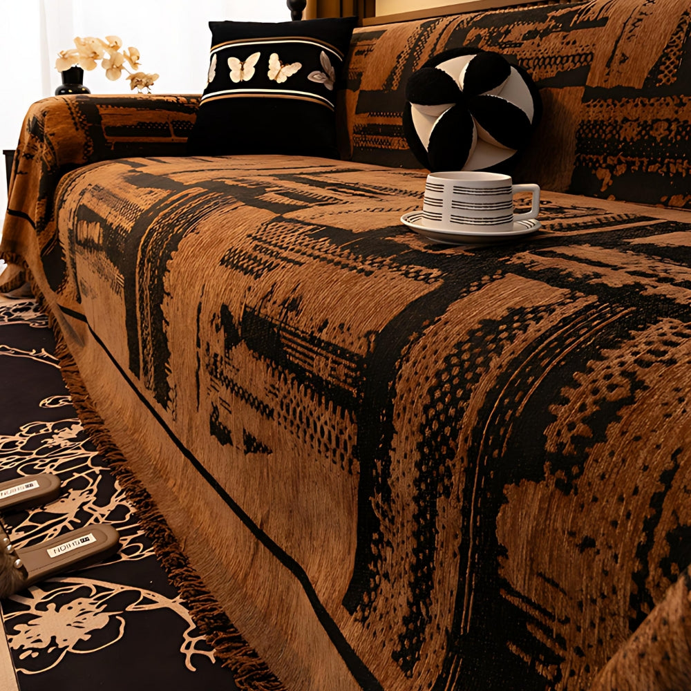 Tribal Chenille Sofa Cover with Fringe Edge