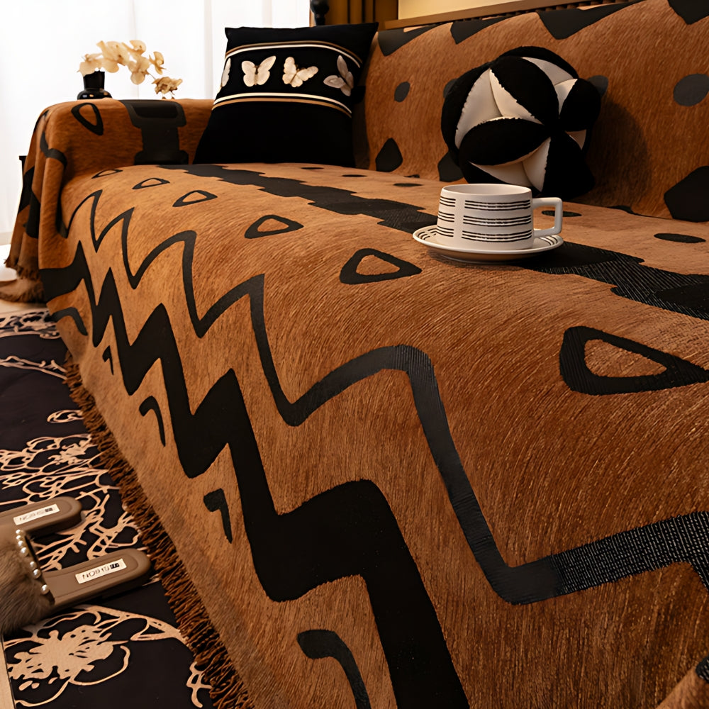 Tribal Chenille Sofa Cover with Fringe Edge