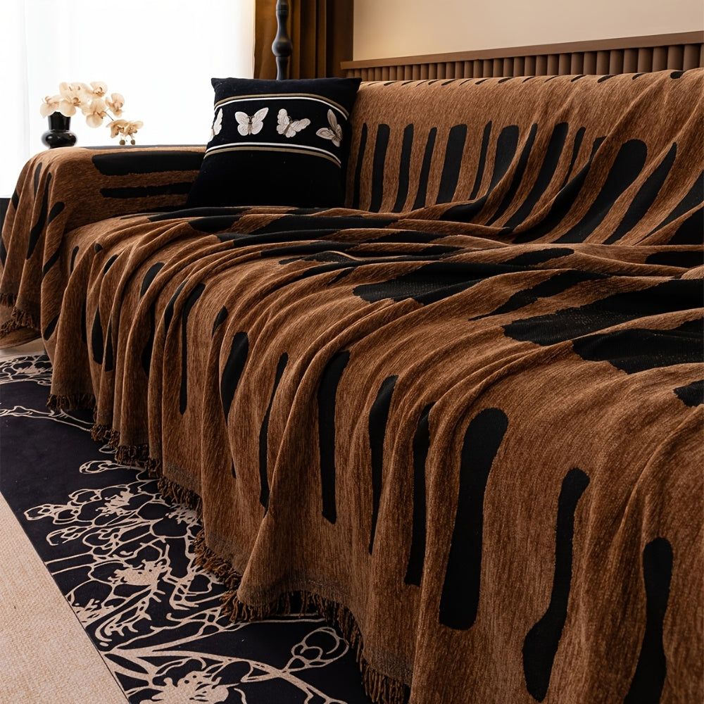 Tribal Chenille Sofa Cover with Fringe Edge