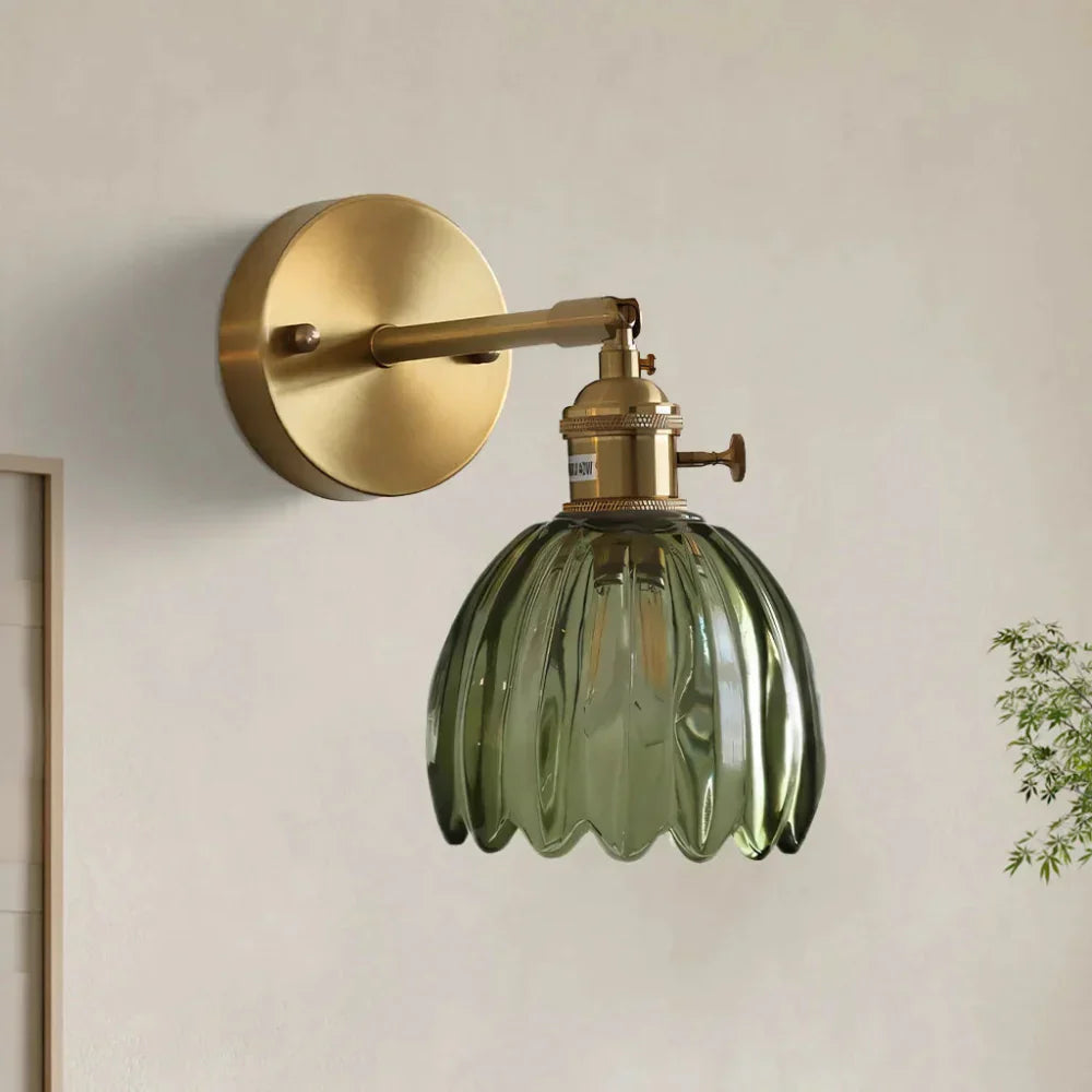 Vintage Glass Wall Sconce with Brass Arm and Shade