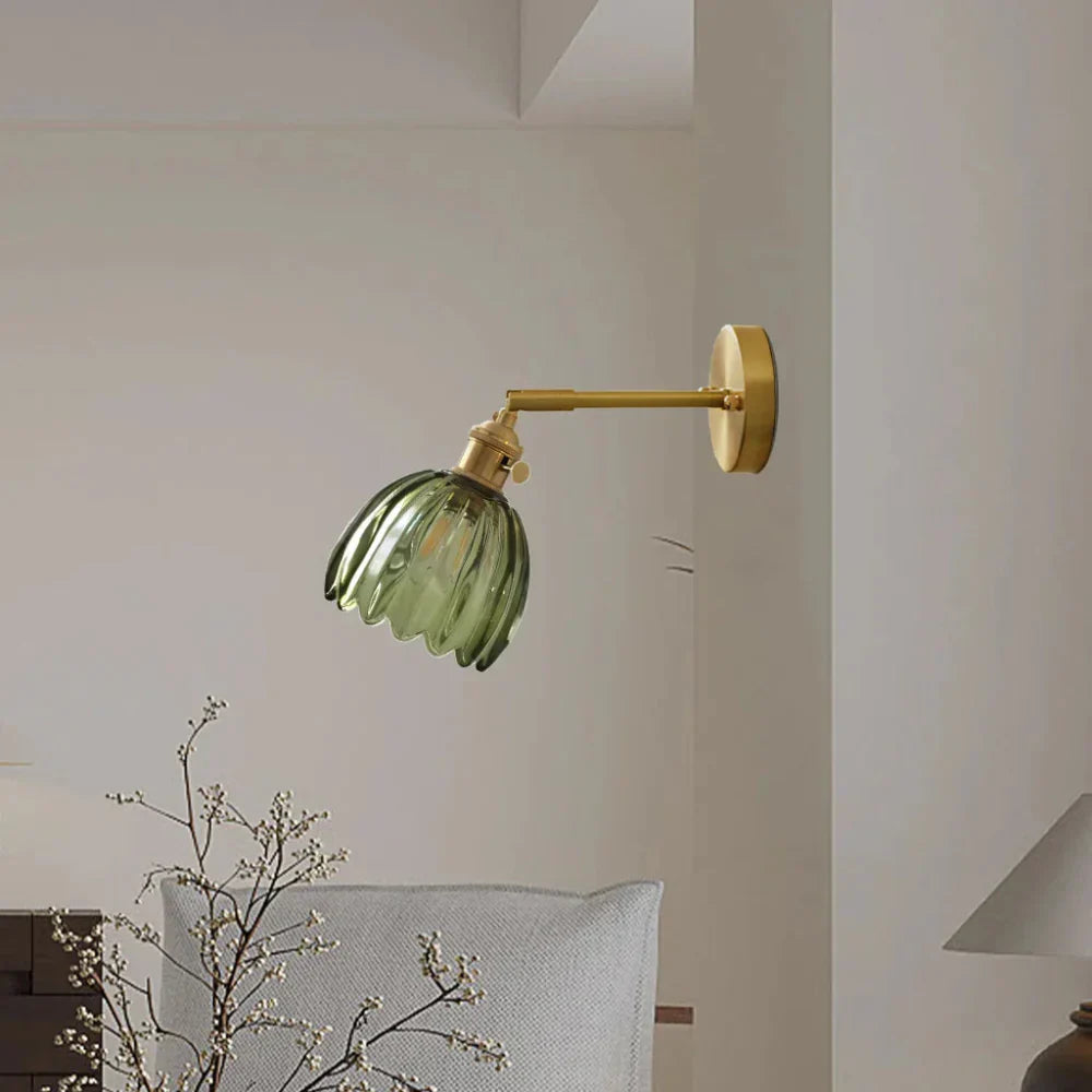 Vintage Glass Wall Sconce with Brass Arm and Shade