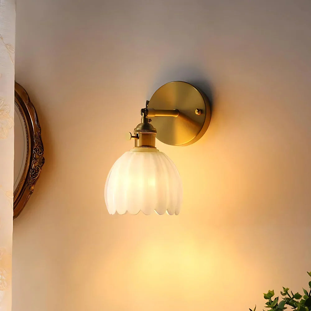 Vintage Glass Wall Sconce with Brass Arm and Shade