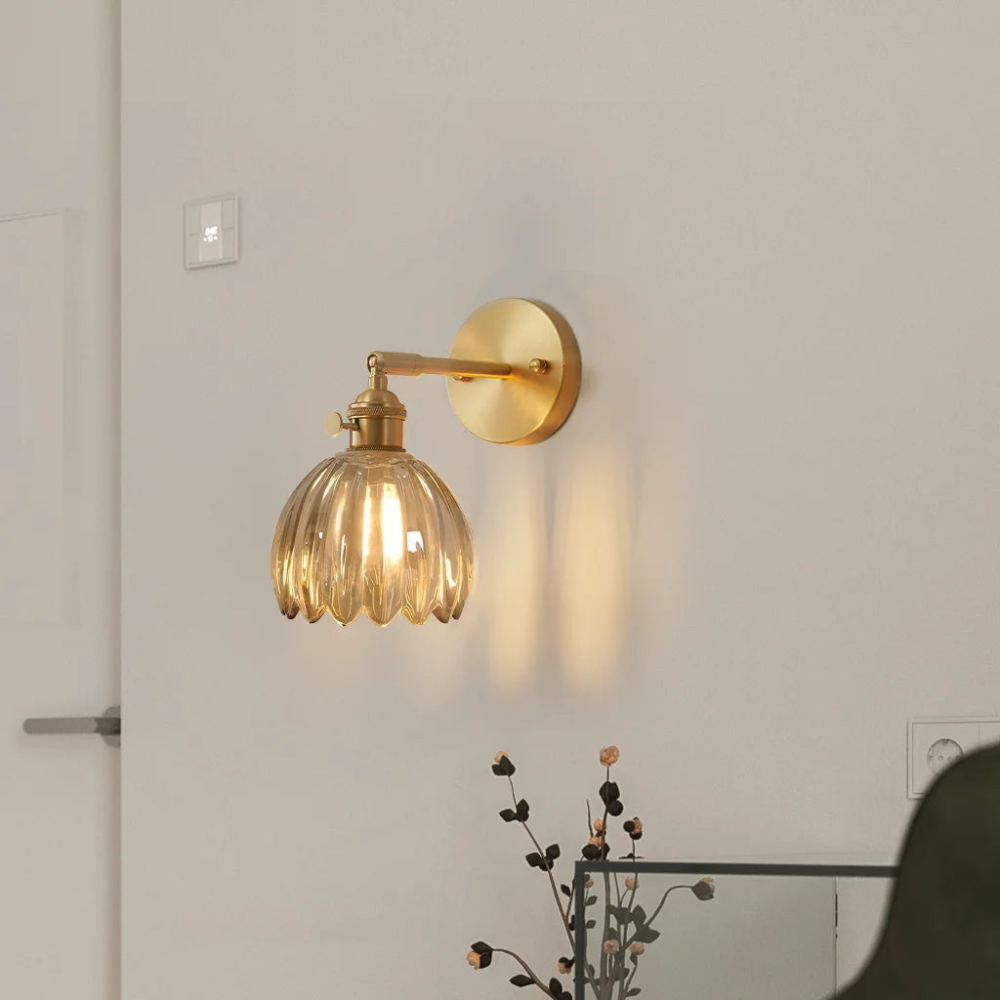 Vintage Glass Wall Sconce with Brass Arm and Shade
