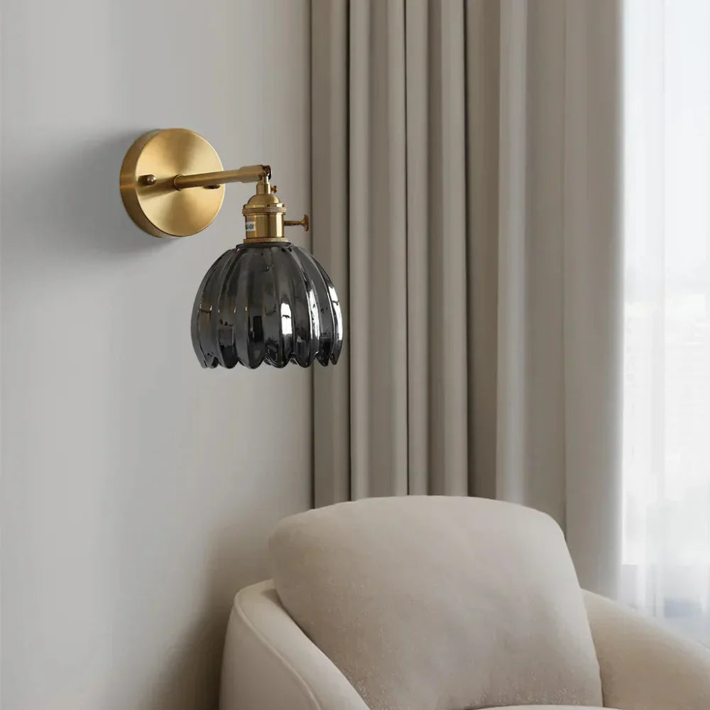 Vintage Glass Wall Sconce with Brass Arm and Shade