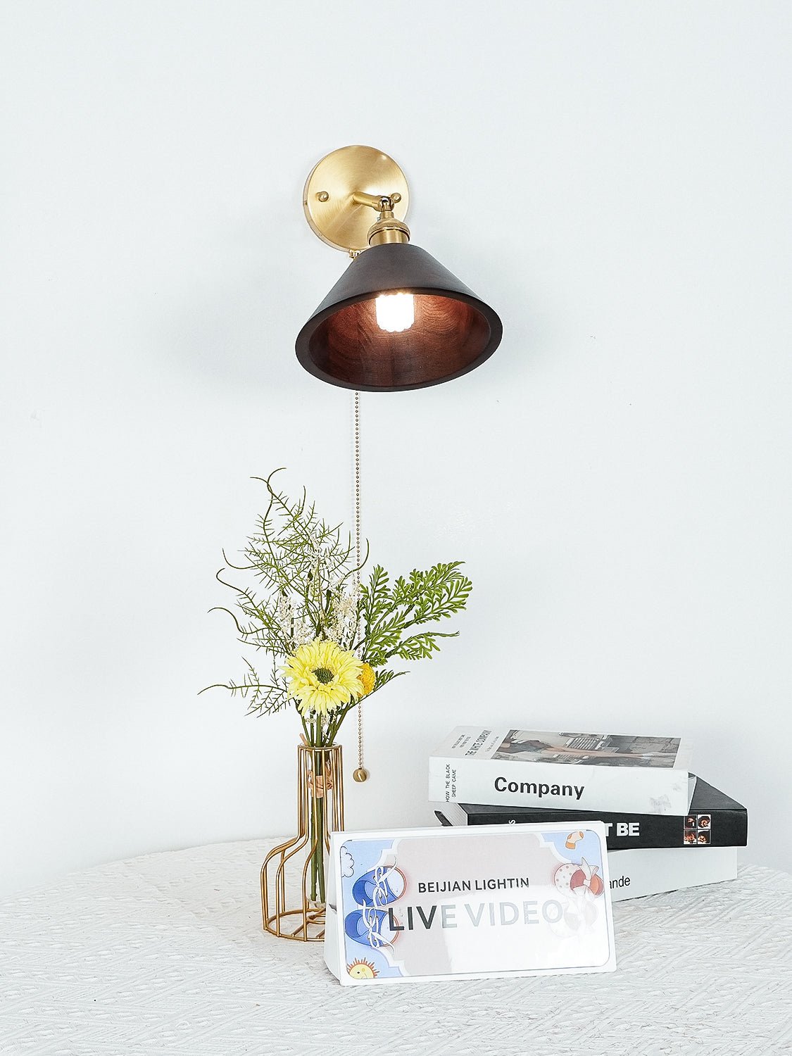 Vintage Wood Wall Sconce with Brass Dome Shade