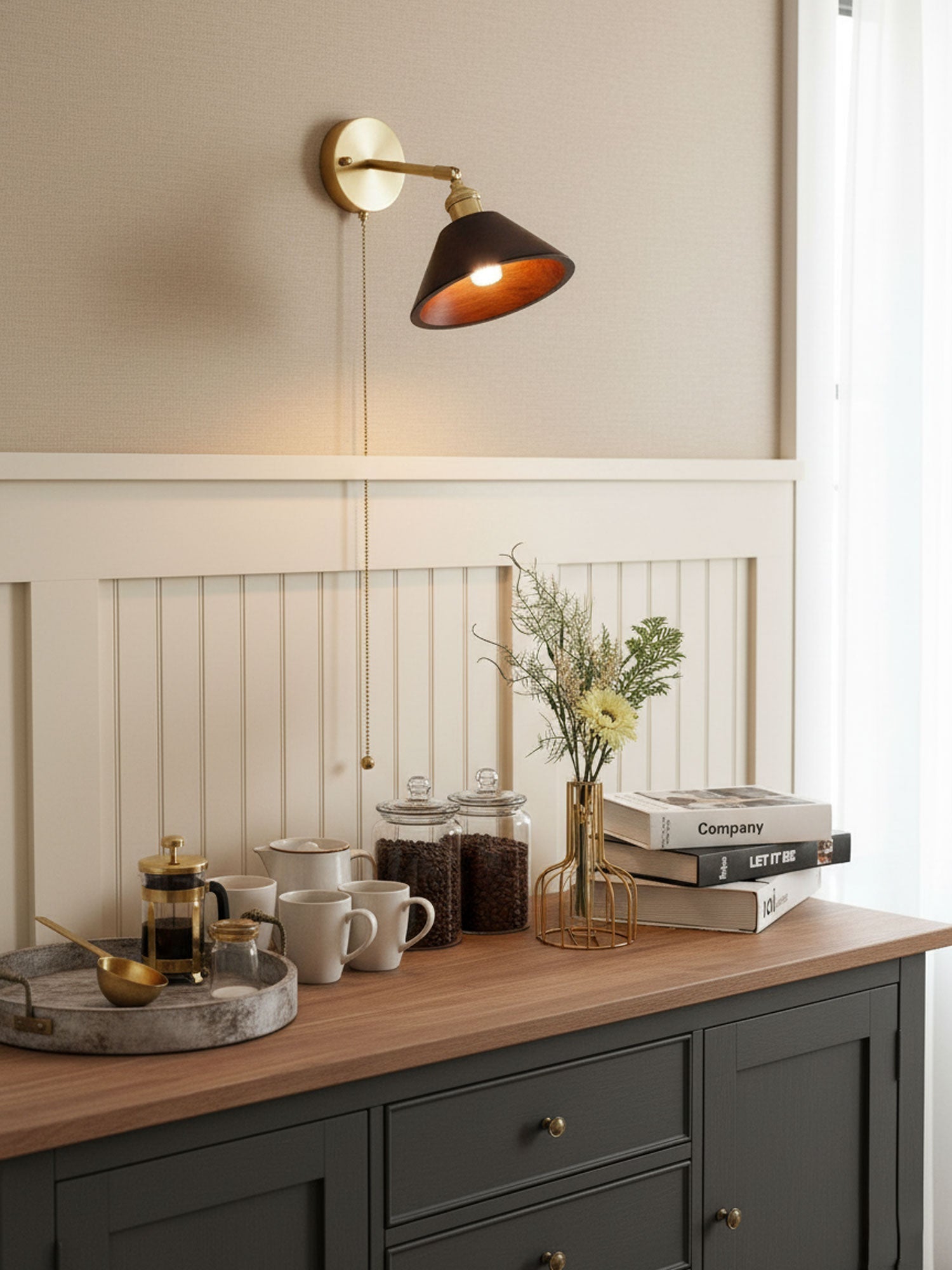 Vintage Wood Wall Sconce with Brass Dome Shade