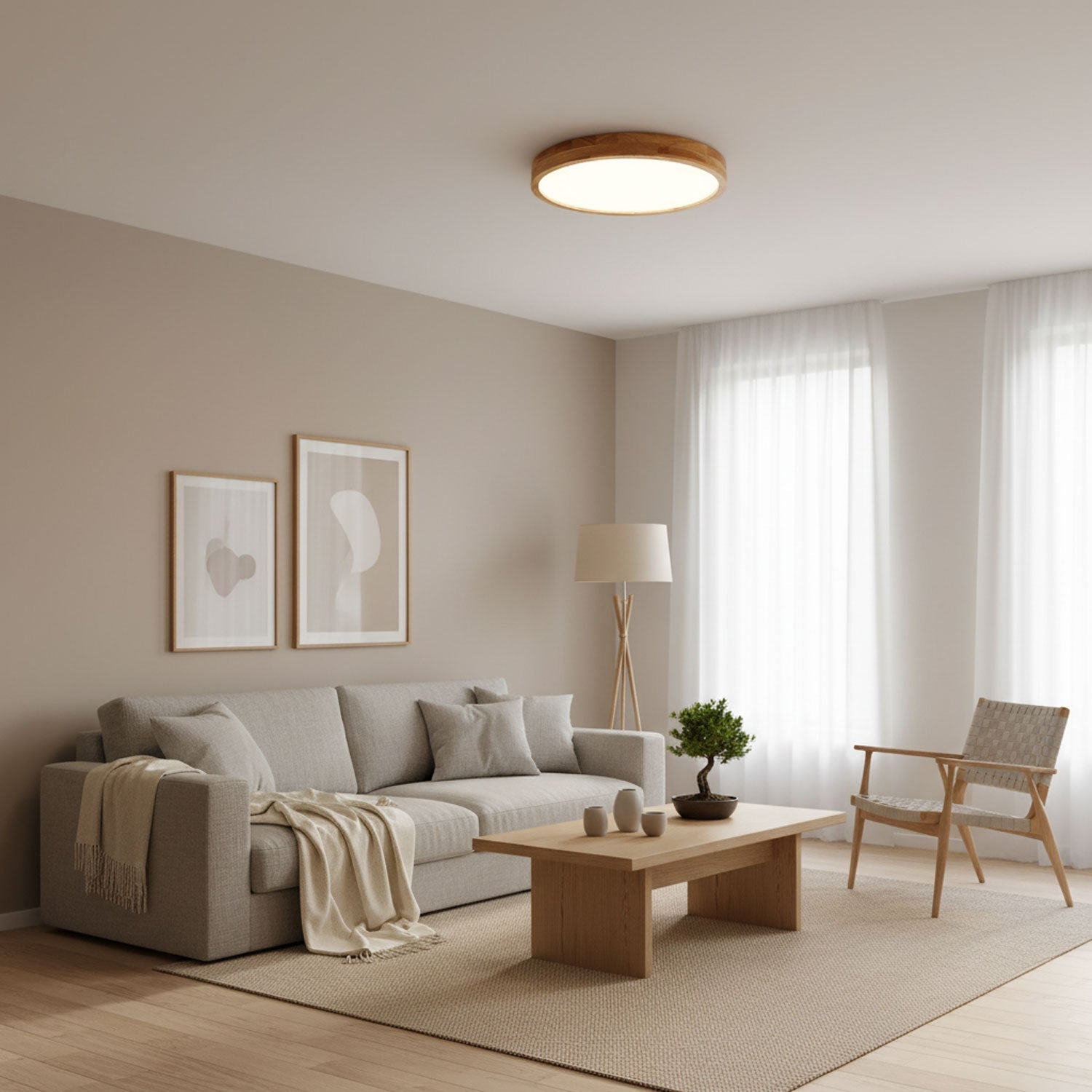 Wood Ceiling Light with Round LED Flush Mount