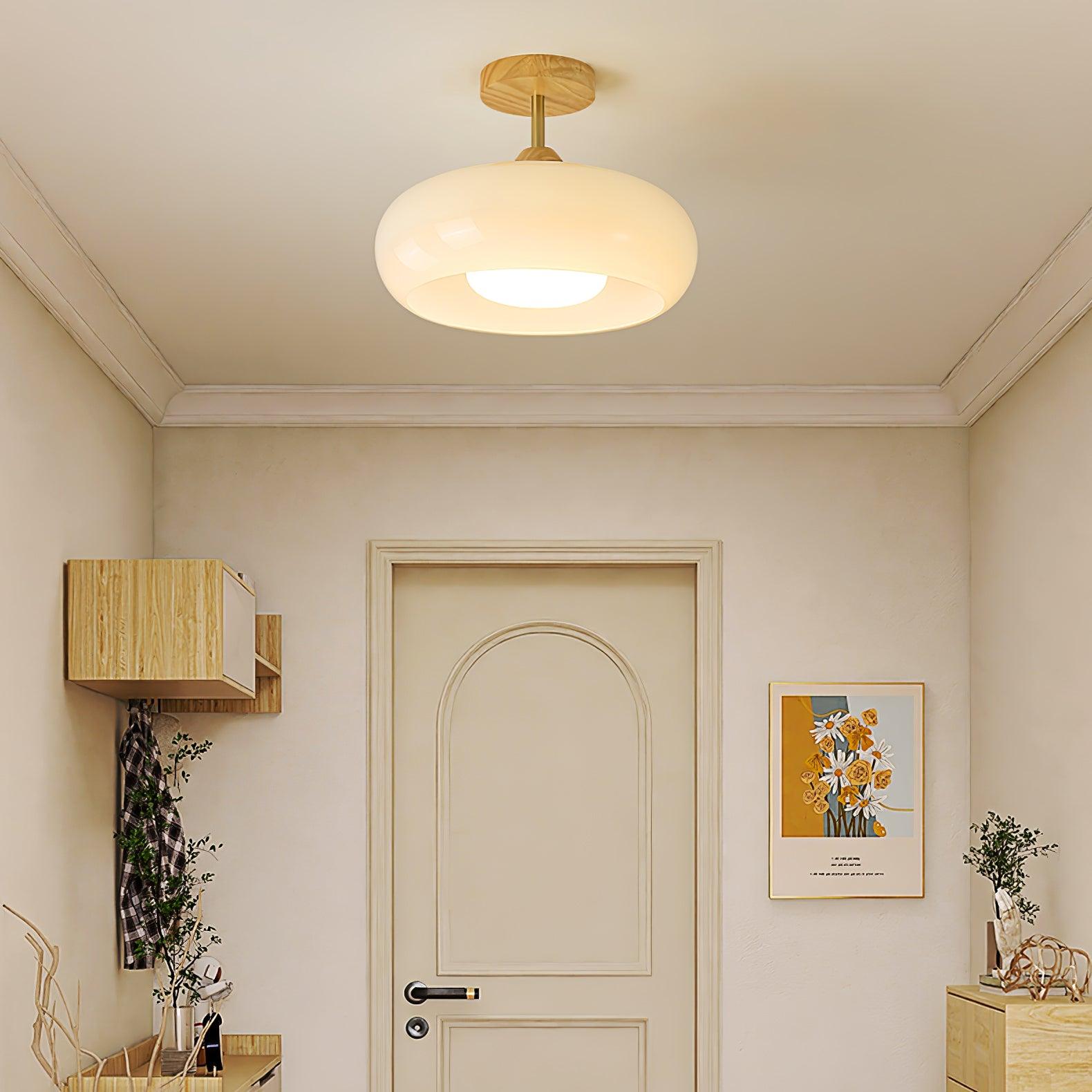 Wood Dome Ceiling Light with Glass Shade LED