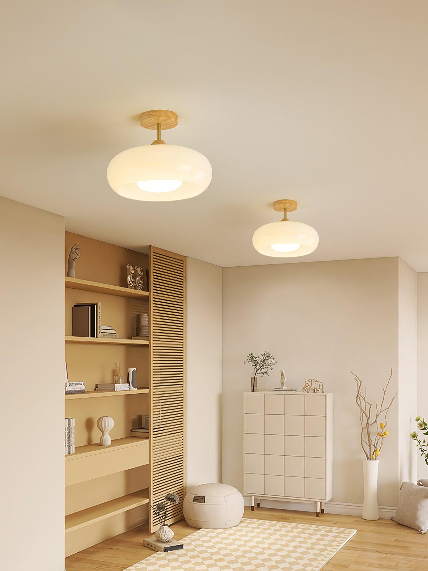 Wood Dome Ceiling Light with Glass Shade LED