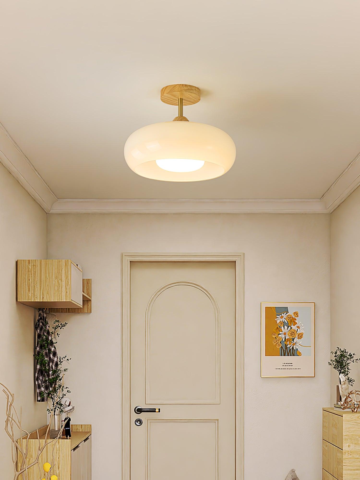 Wood Dome Ceiling Light with Glass Shade LED