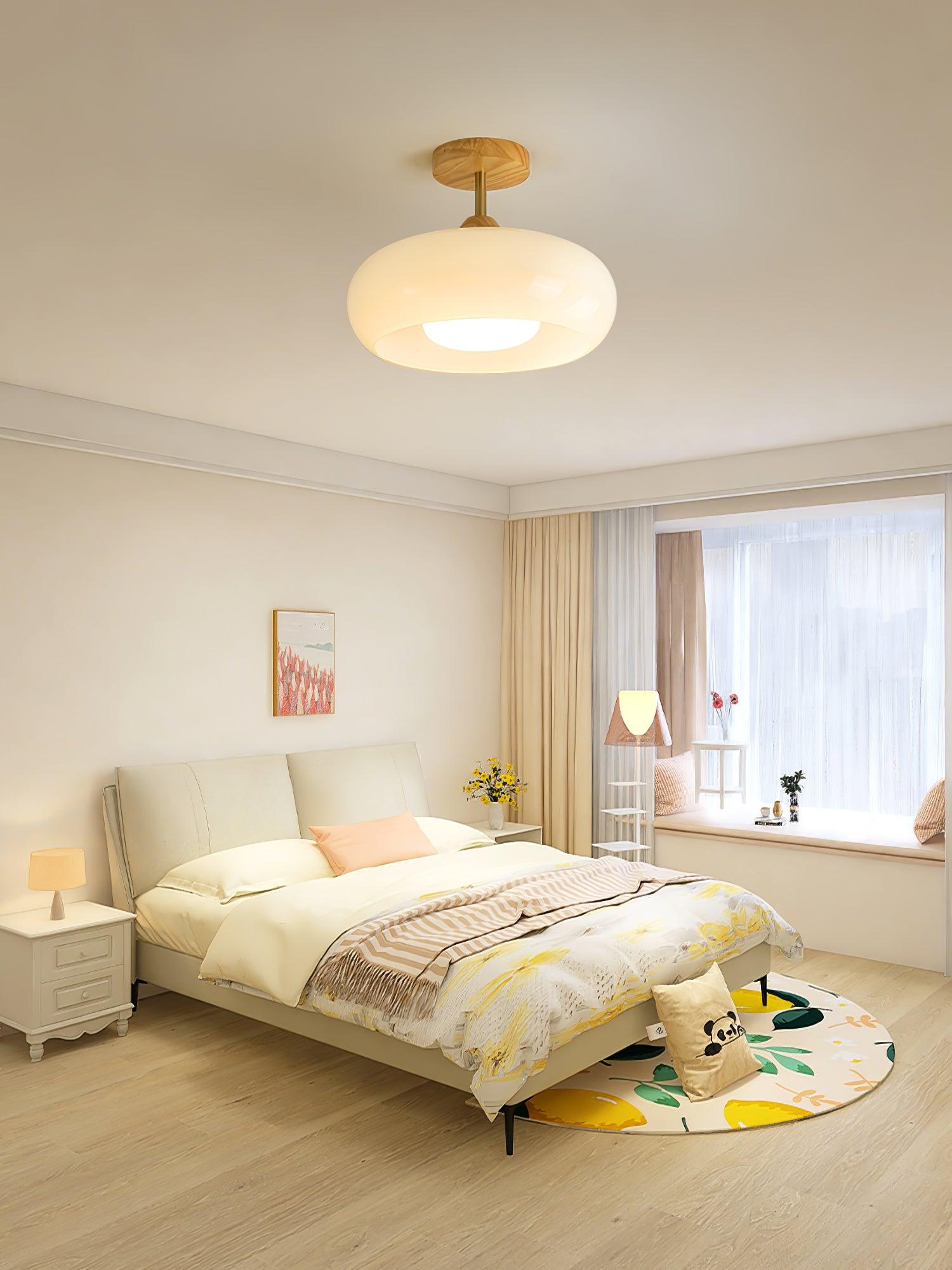 Wood Dome Ceiling Light with Glass Shade LED