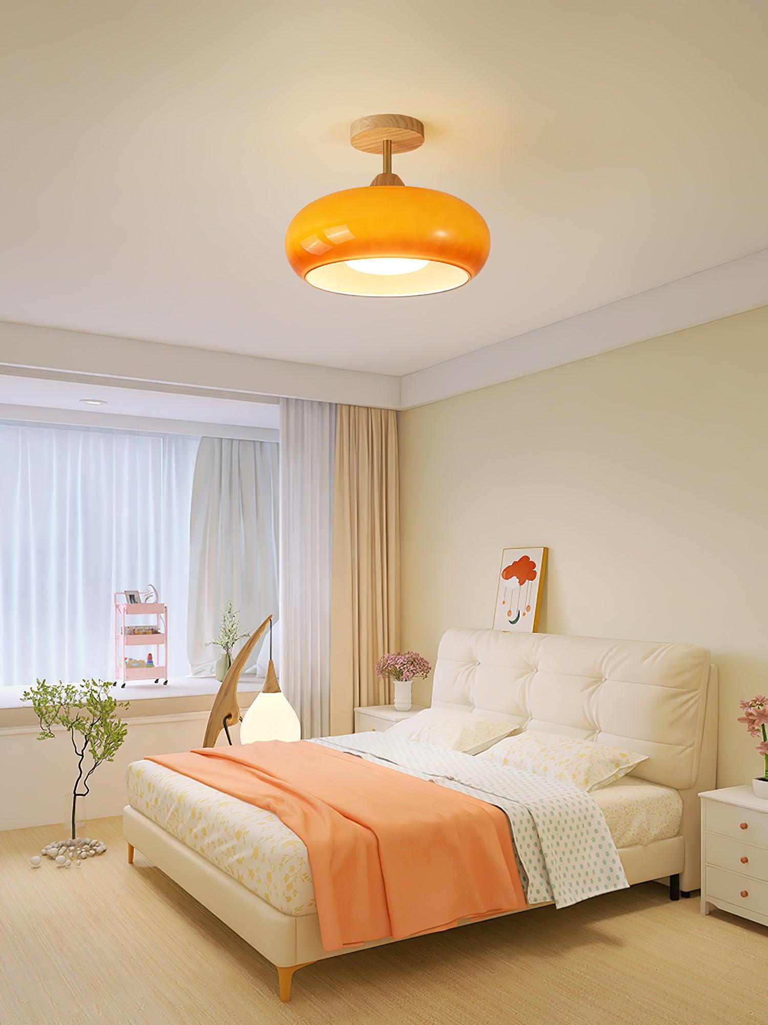 Wood Dome Ceiling Light with Glass Shade LED