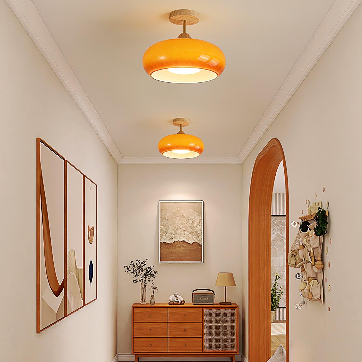 Wood Dome Ceiling Light with Glass Shade LED