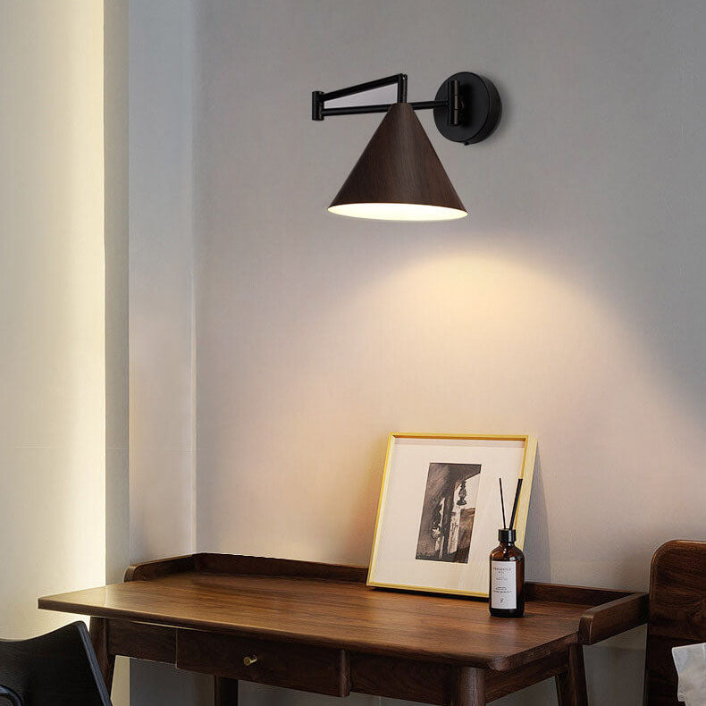 Wood Iron Wall Sconce with Swing Arm and Cone