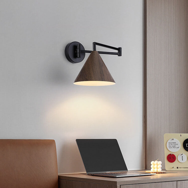 Wood Iron Wall Sconce with Swing Arm and Cone