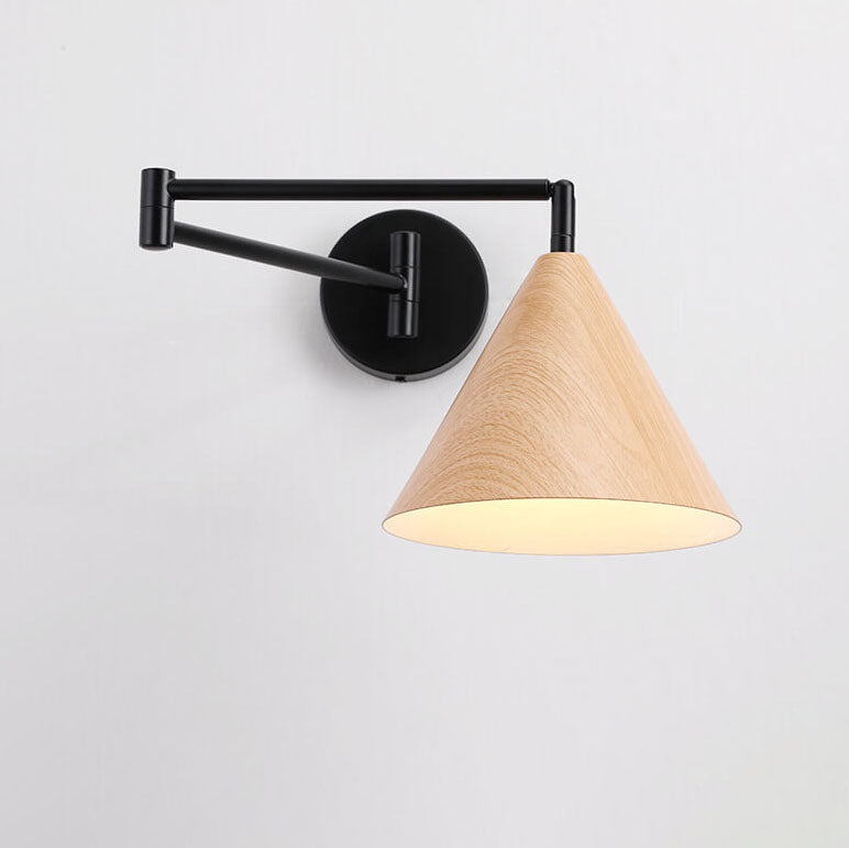 Wood Iron Wall Sconce with Swing Arm and Cone