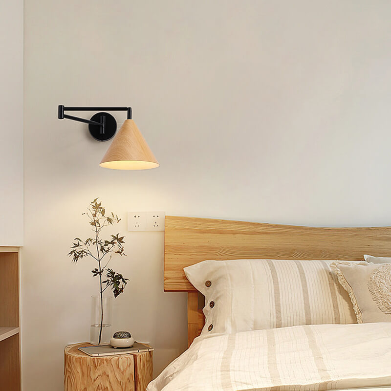 Wood Iron Wall Sconce with Swing Arm and Cone