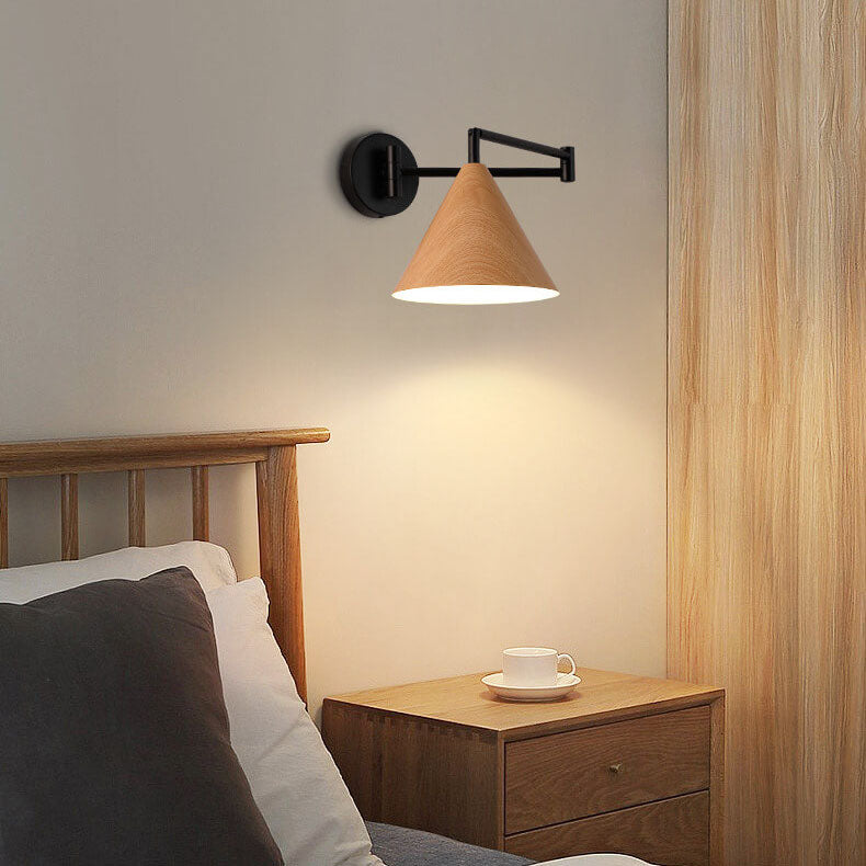 Wood Iron Wall Sconce with Swing Arm and Cone