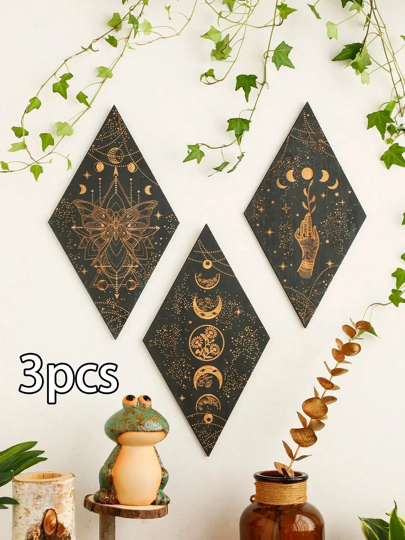 Wood Moon Phase Decor with Boho Wall Art