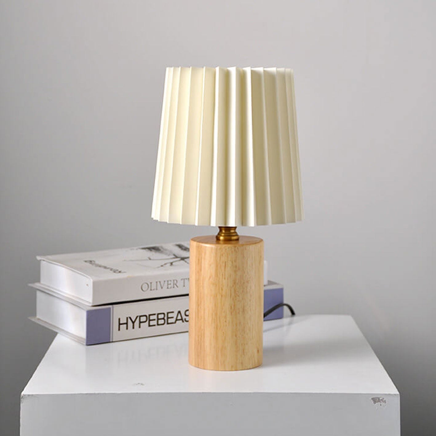Wood Table Lamp with Pleated Fabric Shade