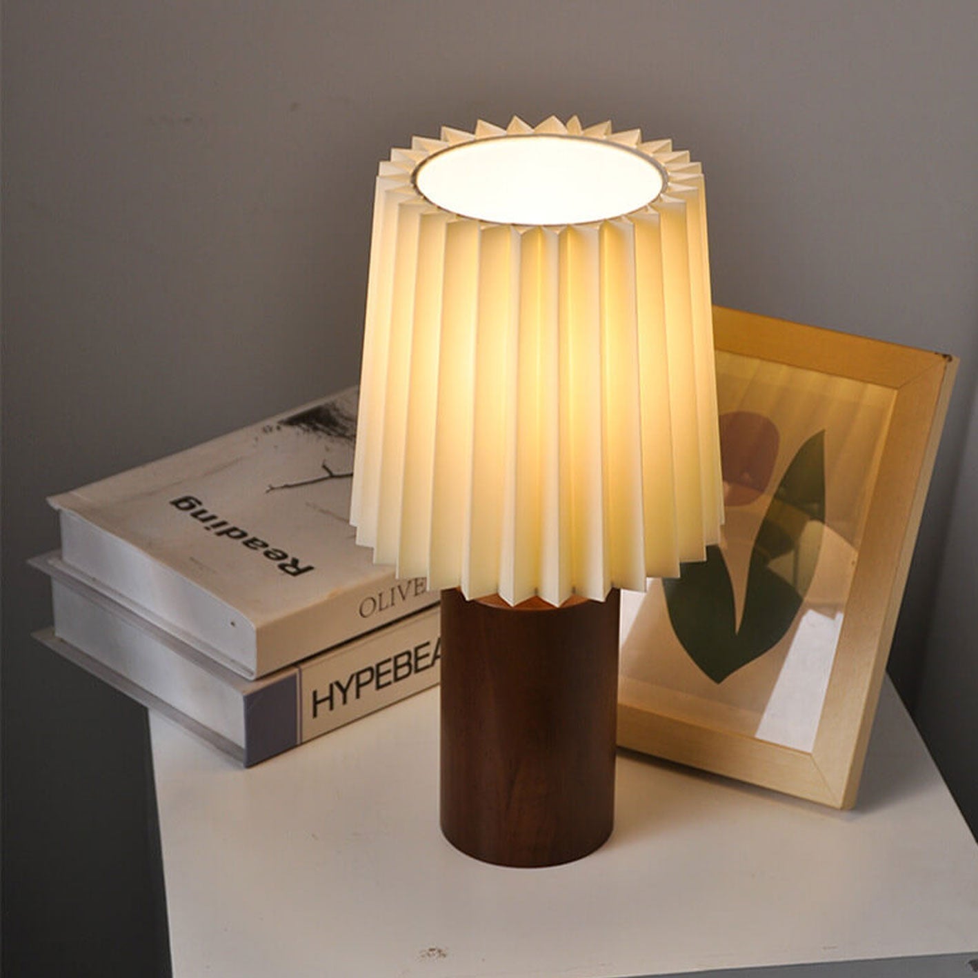 Wood Table Lamp with Pleated Fabric Shade