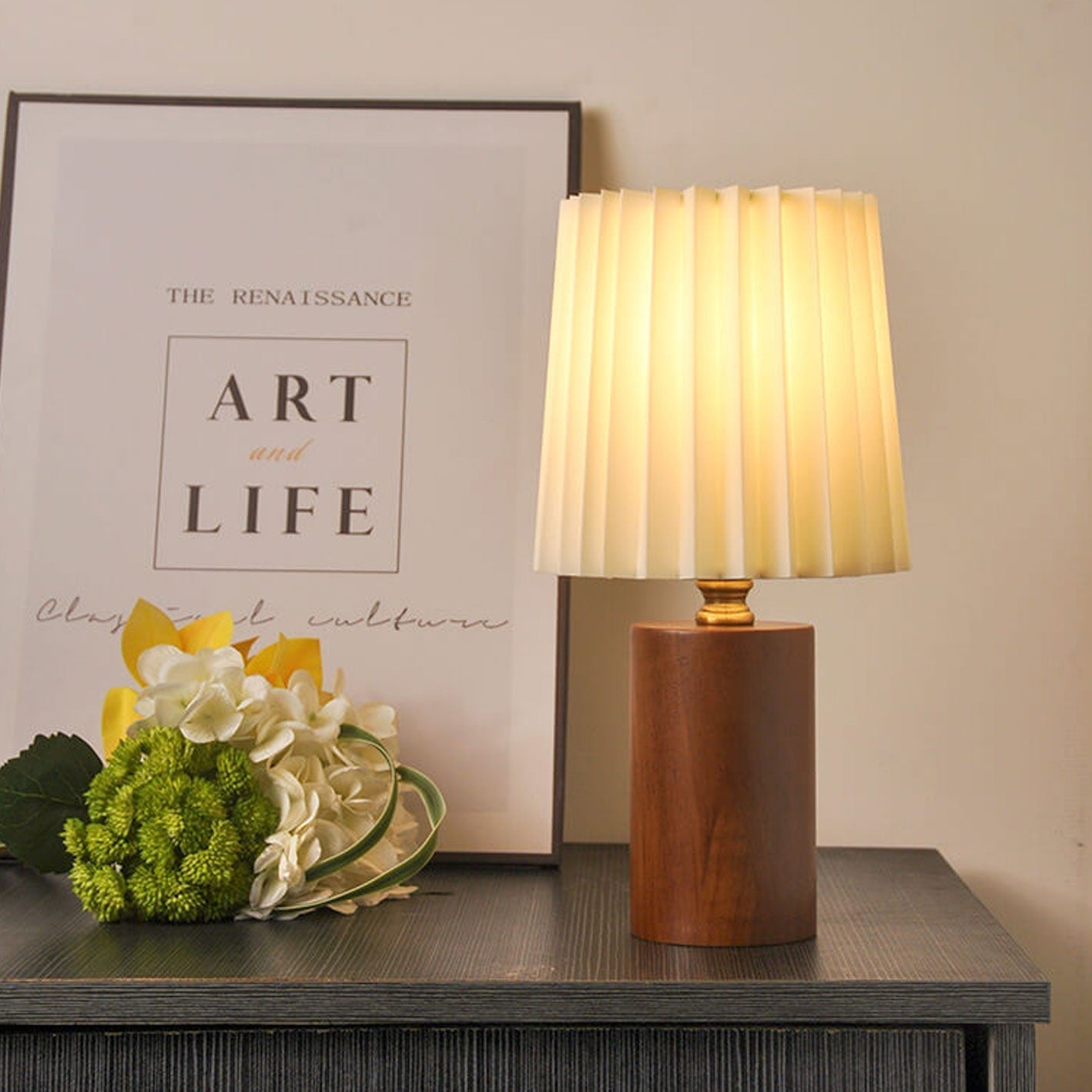 Wood Table Lamp with Pleated Fabric Shade